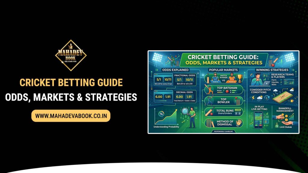 Cricket betting guide illustration showing odds, live match analysis, and betting markets on a mobile platform
