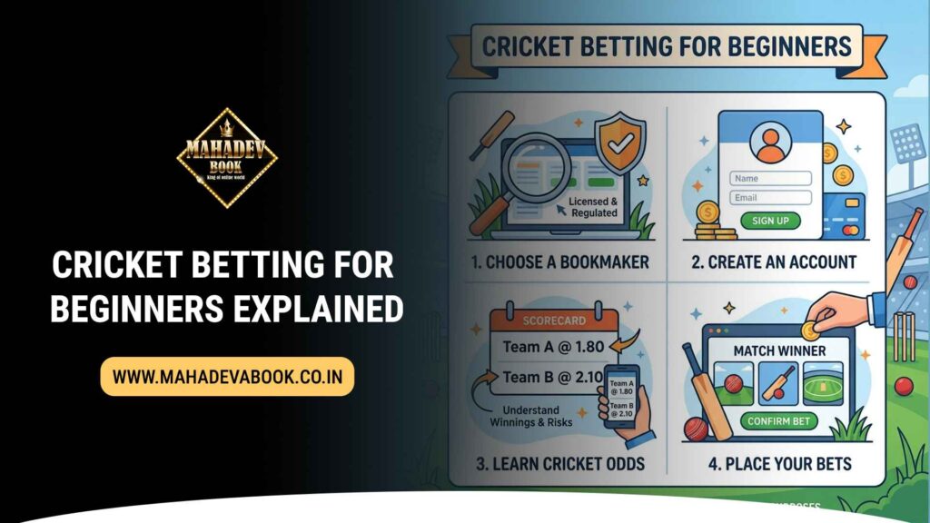 A safe online gambling concept that includes the secure login option the shield symbol, as well as responsible gaming components on the Mahadev Book platform