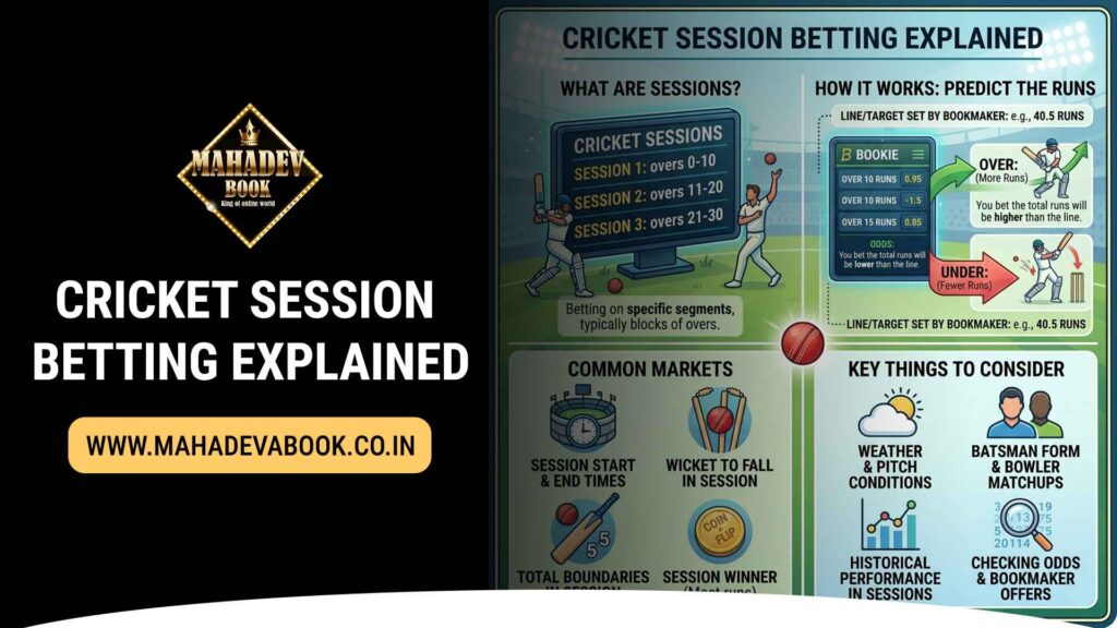Interface for betting on Cricket sessions that shows the overs, predictions for runs as well as live betting odds on the Mahadev Book platform
