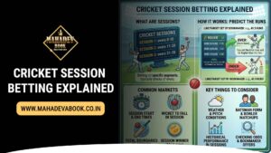 Interface for betting on Cricket sessions that shows the overs, predictions for runs as well as live betting odds on the Mahadev Book platform
