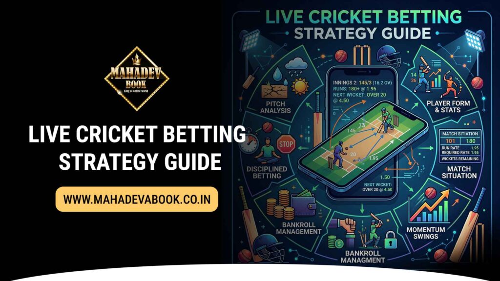 Live cricket betting strategy showing real-time odds, match dashboard, and decision-making on Mahadev Book
