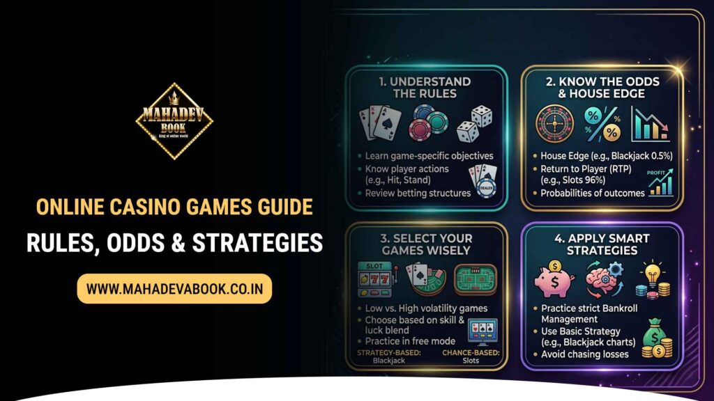 Online casino games guide showing cards, chips and betting interface on Mahadev Book platform